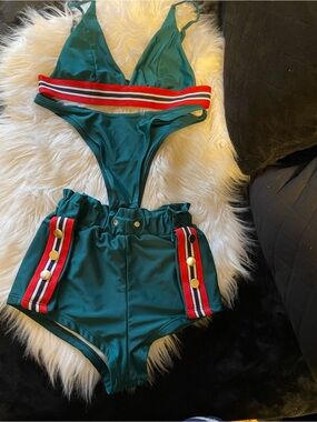 Green 3-Piece Bikini Set with Red-Striped Trim